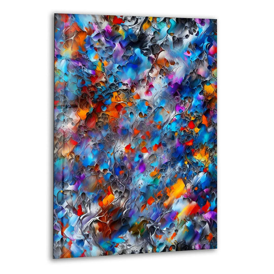 Abstract glass wall art for home decor, featuring a textured explosion of vibrant blue, purple, and orange hues.
