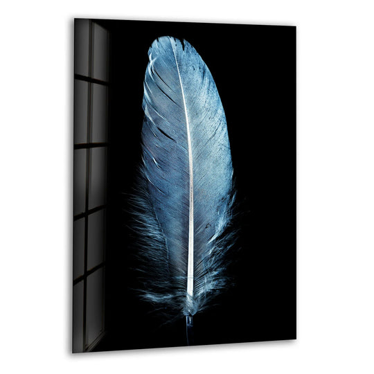 Deep blue tones saturate this glass art painting featuring a detailed feather against a dark background.