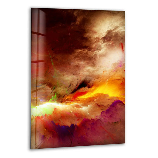 Abstract hanging wall art featuring swirling nebulae of crimson, gold, and violet, creating a profound sense of depth.