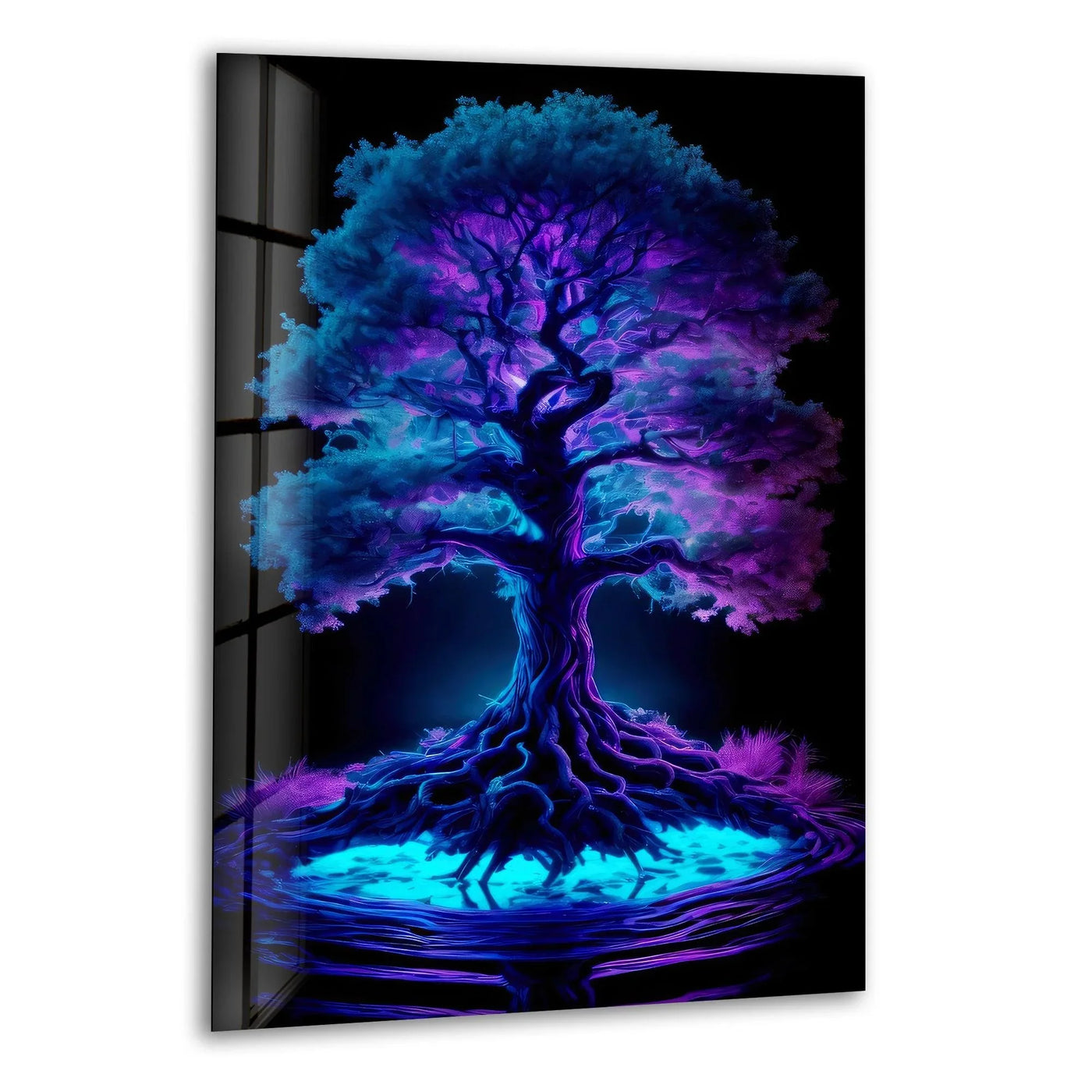 A mystical blue and purple tree with glowing roots emerges from layered depths, a vibrant stained glass wall art print.