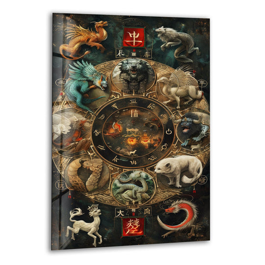Detailed Chinese zodiac calendar glass printing showcases mythical creatures and celestial symbols with remarkable realism.