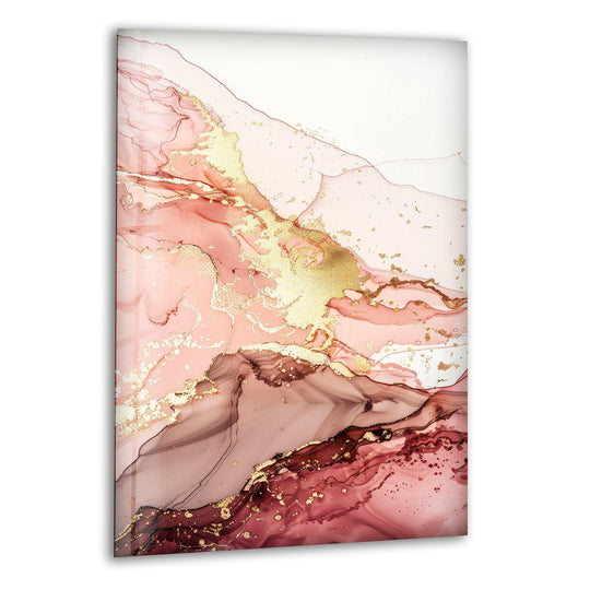 A vertical orientation of pink and gold fluid art forms an abstract decorative wall art.