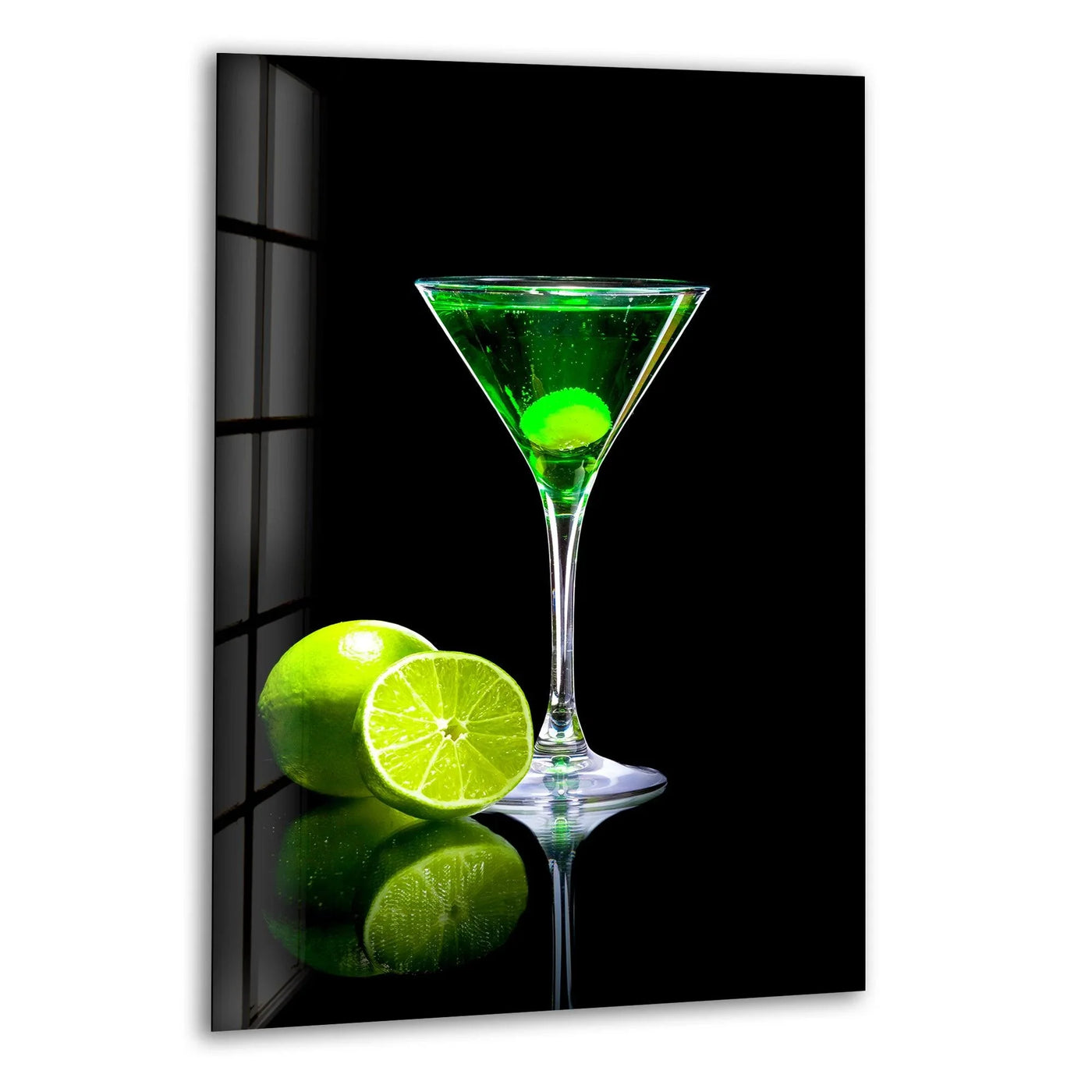 Reflecting from a vibrant green cocktail and lime, the smooth transition between colors highlights this elegant glass wall art prints, adding depth to the bold composition.