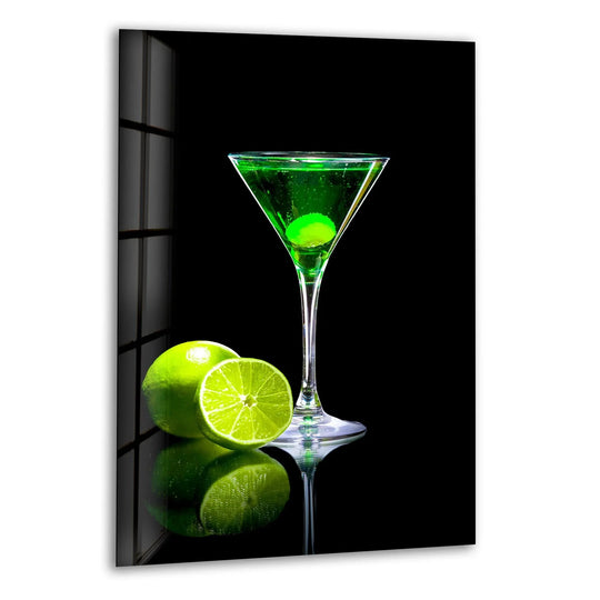 Vibrant green cocktail glass wall art featuring a lime garnish and glossy black background perfect for modern kitchen decor.