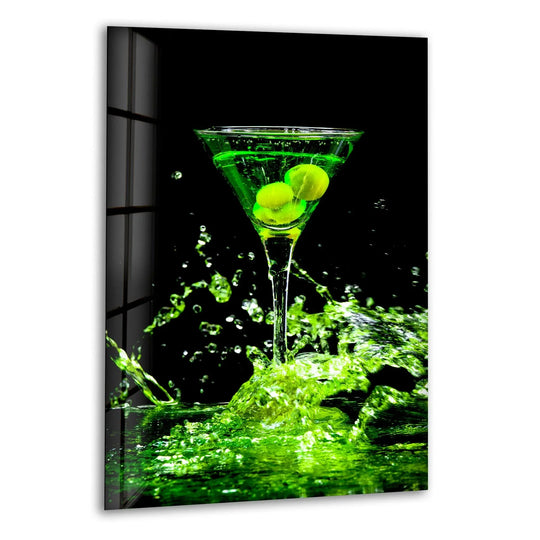 Vibrant green martini with olives glass wall art featuring a splash effect and glossy finish perfect for modern kitchen decor.