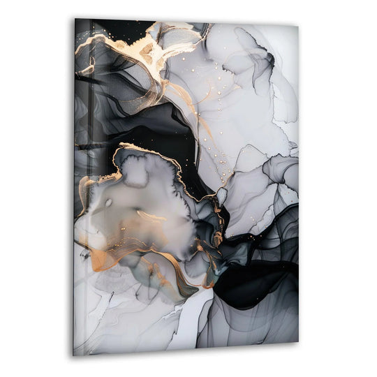 Calm swirls of grey and gold marble texture create stillness in this best glass art piece.