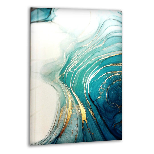 Realistic detail showcases a swirl of sapphire and teal fluid art with gold leaf accents, a stunning unique modern wall decor.