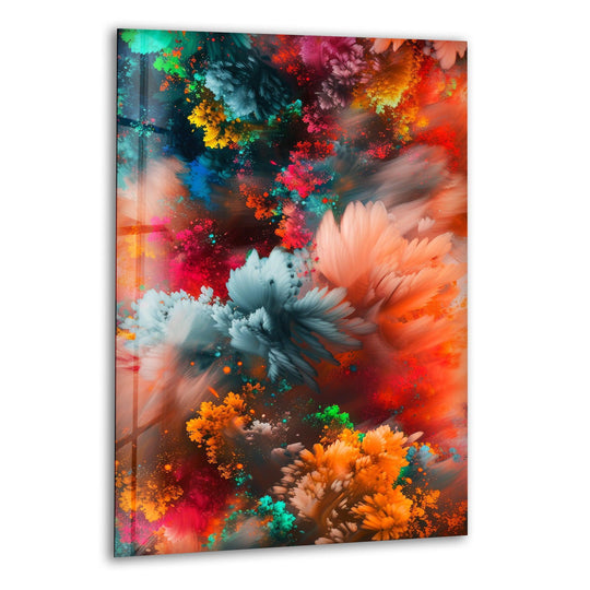 Explosions of colors glass wall art features vibrant, abstract forms in the foreground with brushstrokes of blue, pink, and orange.