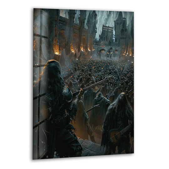 A gothic metal band plays a thunderous concert with dark, heavy home decoration.