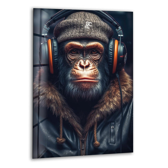 Dark, moody, and reflective background panels create a striking contrast for this cool monkey glass printing artwork.