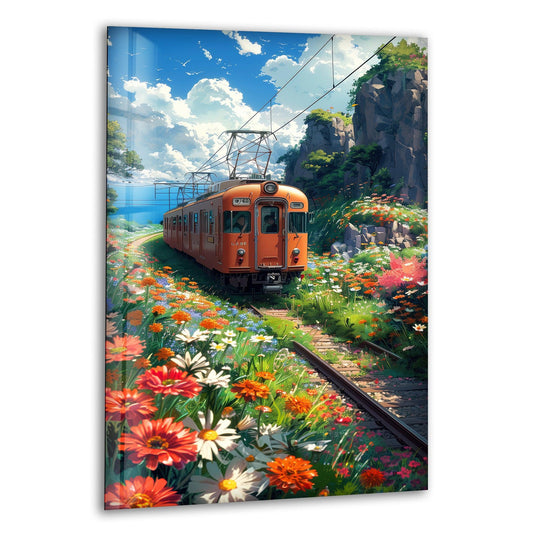 Sunlight casts soft shadows across a blooming meadow beside a train track, enhancing this decorative wall art.