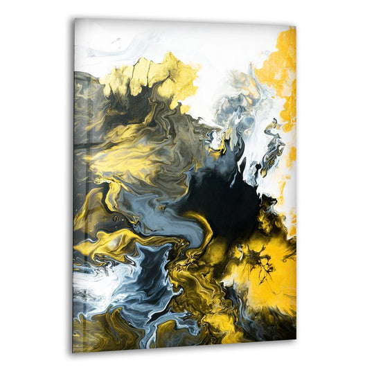Darkest areas of black and gold abstract glass art painting flow into swirling gray and white forms.