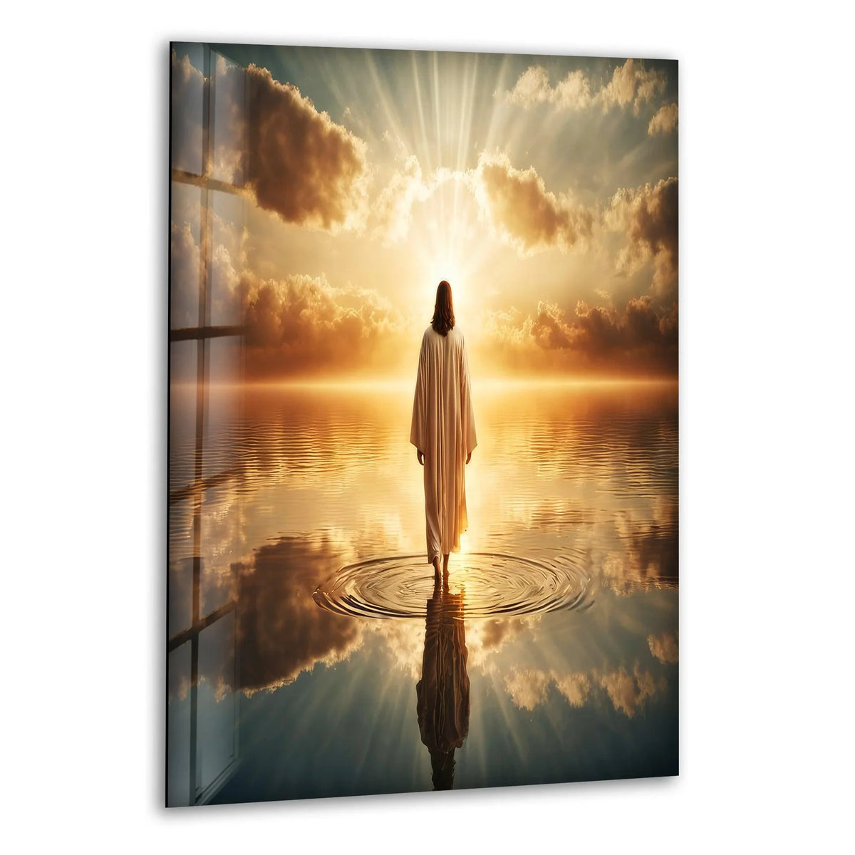 Heavenly sunlight and billowing clouds are reflected in the still waters of this Jesus Christ glass wall artwork, creating a serene and spiritual background.