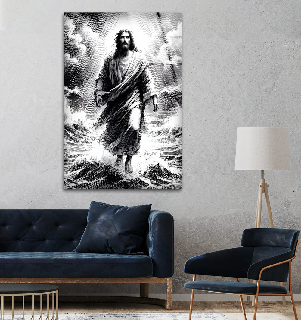 Black and white glass wall art of Jesus walking on water beneath radiant heavenly light.