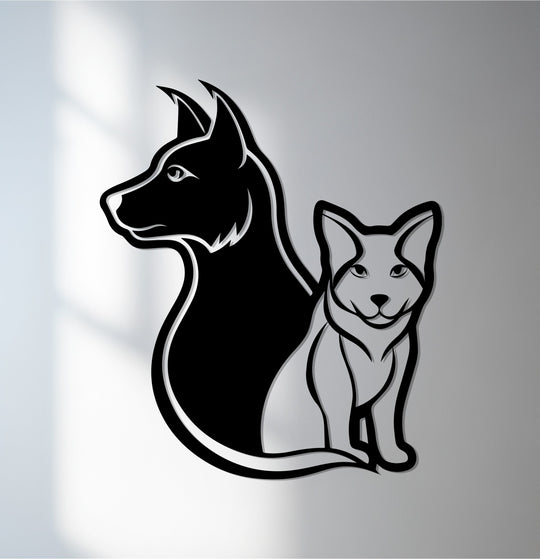 Subtle shadows highlight the softest curves of this dog and cat metal art for wall piece, depicting faithful companions in a modern home décor style.