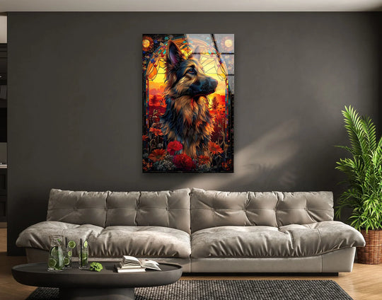 Detailed glass printing captures a majestic German Shepherd in a vibrant floral field, showcasing intricate fur and petal textures.