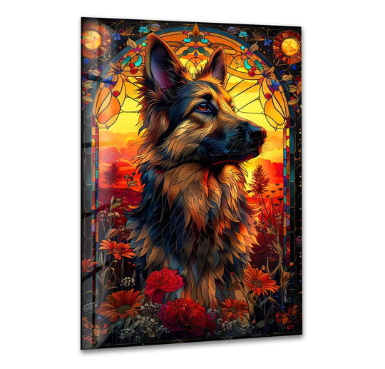 Stunning stained glass home decor features a German Shepherd amidst a vibrant, dark floral scene.