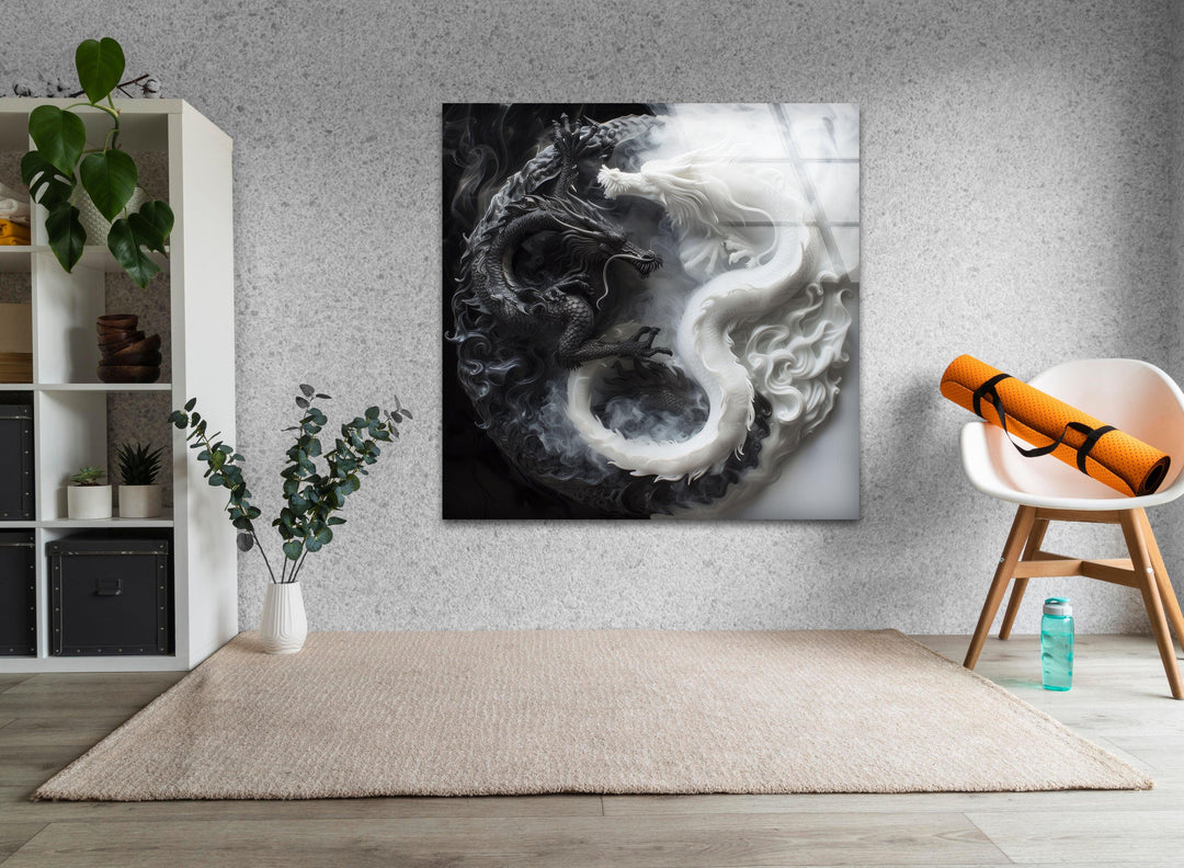 High-contrast glass wall art with detailed black and white dragons wrapped in swirling smoke.