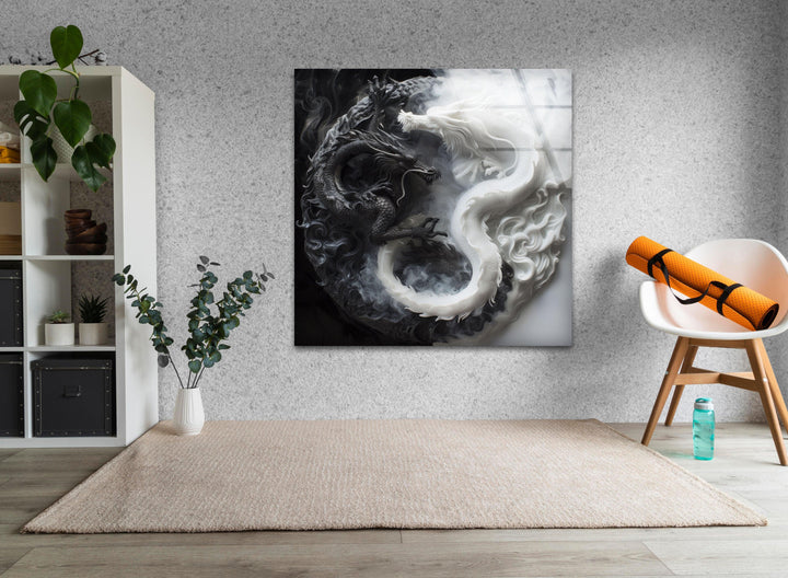 High-contrast glass wall art with detailed black and white dragons wrapped in swirling smoke.