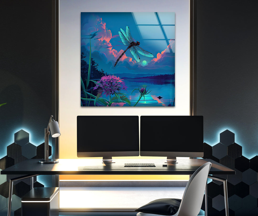 Blue Dragonfly Glass Wall Art picture on glass wall art, photos printed on glass
