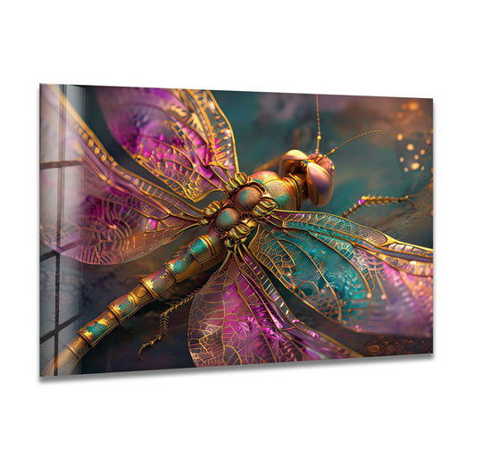 This art from glass features a dark, abstract background with hints of bokeh lights and deep teal and purple tones.