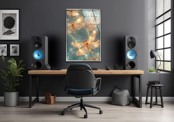 Shiny Dragonflys Glass Wall Art custom glass pictures, glass art prints
