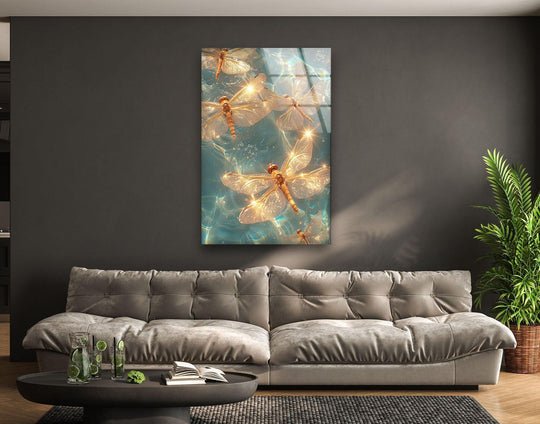 Dragonflies in flight create a captivating visual rhythm across this stunning wall art prints, captured in illuminated detail on tempered glass.
