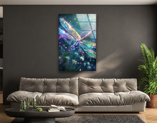 A vibrant, iridescent dragonfly wall art prints bursts with vivid purples and blues against a deep, shadowy background.