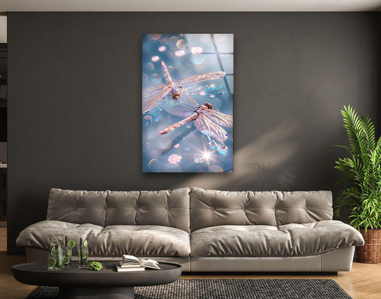 Dreamlike art from glass featuring the softest shimmering pink dragonflies against a bokeh background.