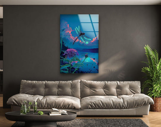 A mystical blue dragonfly with organic forms hovers over a serene lake, depicted on elegant glass art.