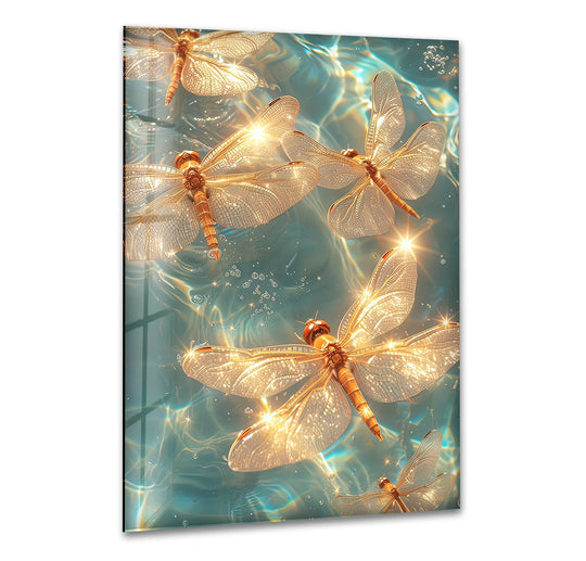 Glowing golden dragonflies with iridescent wings shimmer across the brightest area of this elegant glass art.