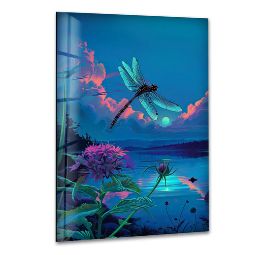 A vibrant pink flower blooms in the foreground, complementing the majestic blue dragonfly wall print.
