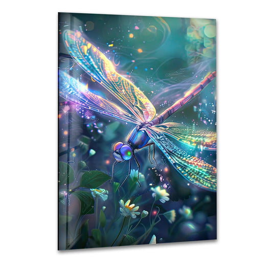 Vibrant dragonfly glass wall art floats amidst dark negative space, showcasing delicate wings and luminous details as best glass art.