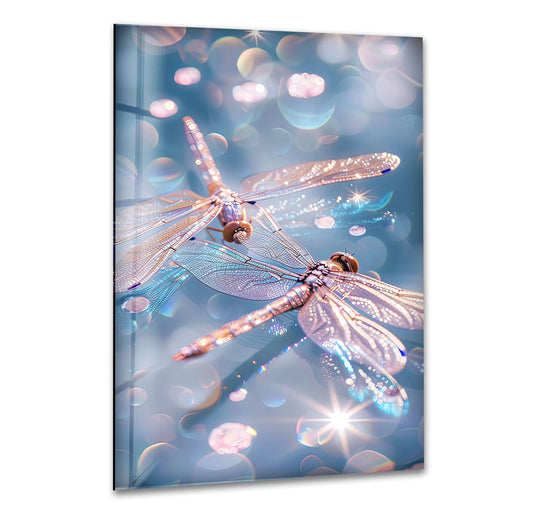 Radiant glass wall art decor featuring shimmering pink dragonflies, showcasing the premium material quality of the vibrant print.