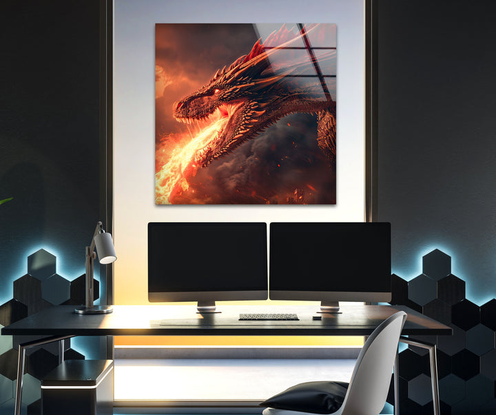 Fire-Breathing Dragon Glass Wall Art custom glass pictures, glass art prints
