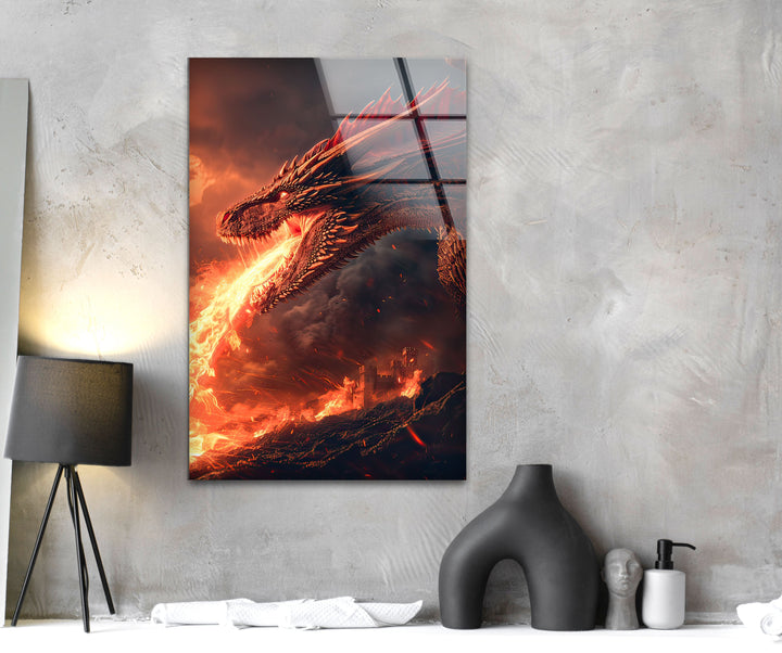 Fire-Breathing Dragon Glass Wall Art glass art painting, glass art for the Wall
