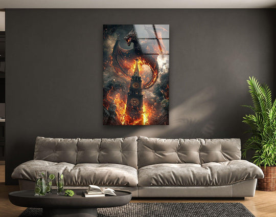 A dragon on fire glass art painting captures the dramatic finish of an epic fantasy scene.