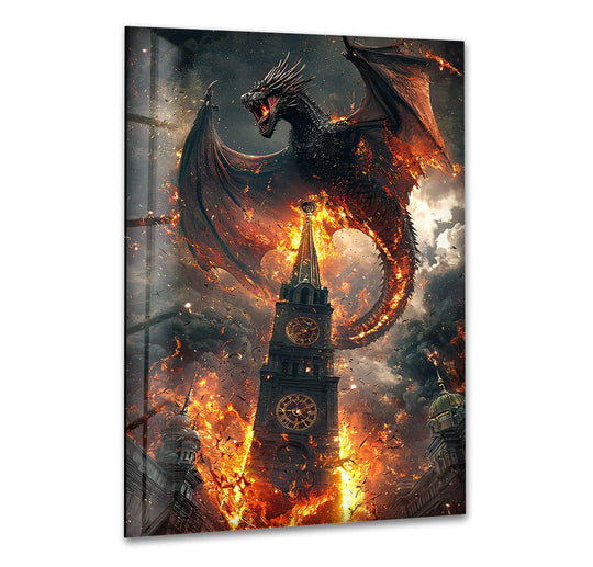 A fierce dragon erupts in fiery chaos above a burning clock tower, creating dramatic visual rhythm on this glass printing.
