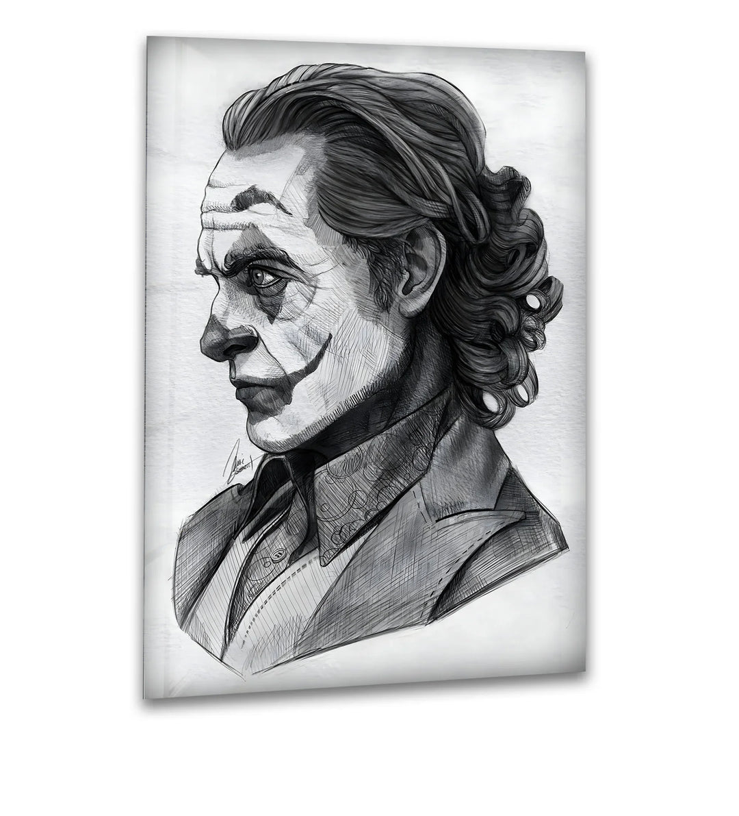 Moody sketch-style portrait on glass capturing expressive emotion and detailed shading.