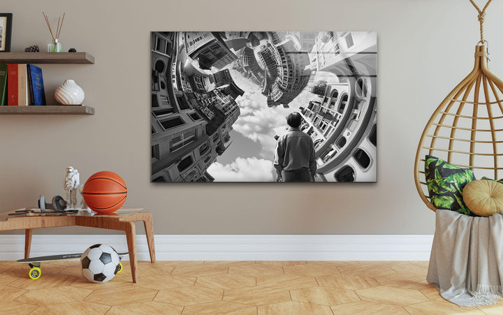 Monochrome futuristic city warped into an optical illusion swirl.