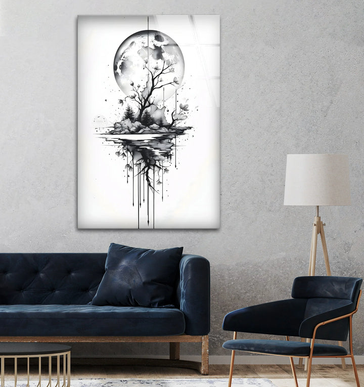 Monochrome glass art showing a surreal moonlit landscape with abstract dripping elements.