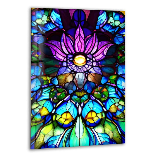Visual rhythm flows through this stained purple floral glass wall art decor with its symmetrical shapes and vibrant color palette, creating a captivating focal point.