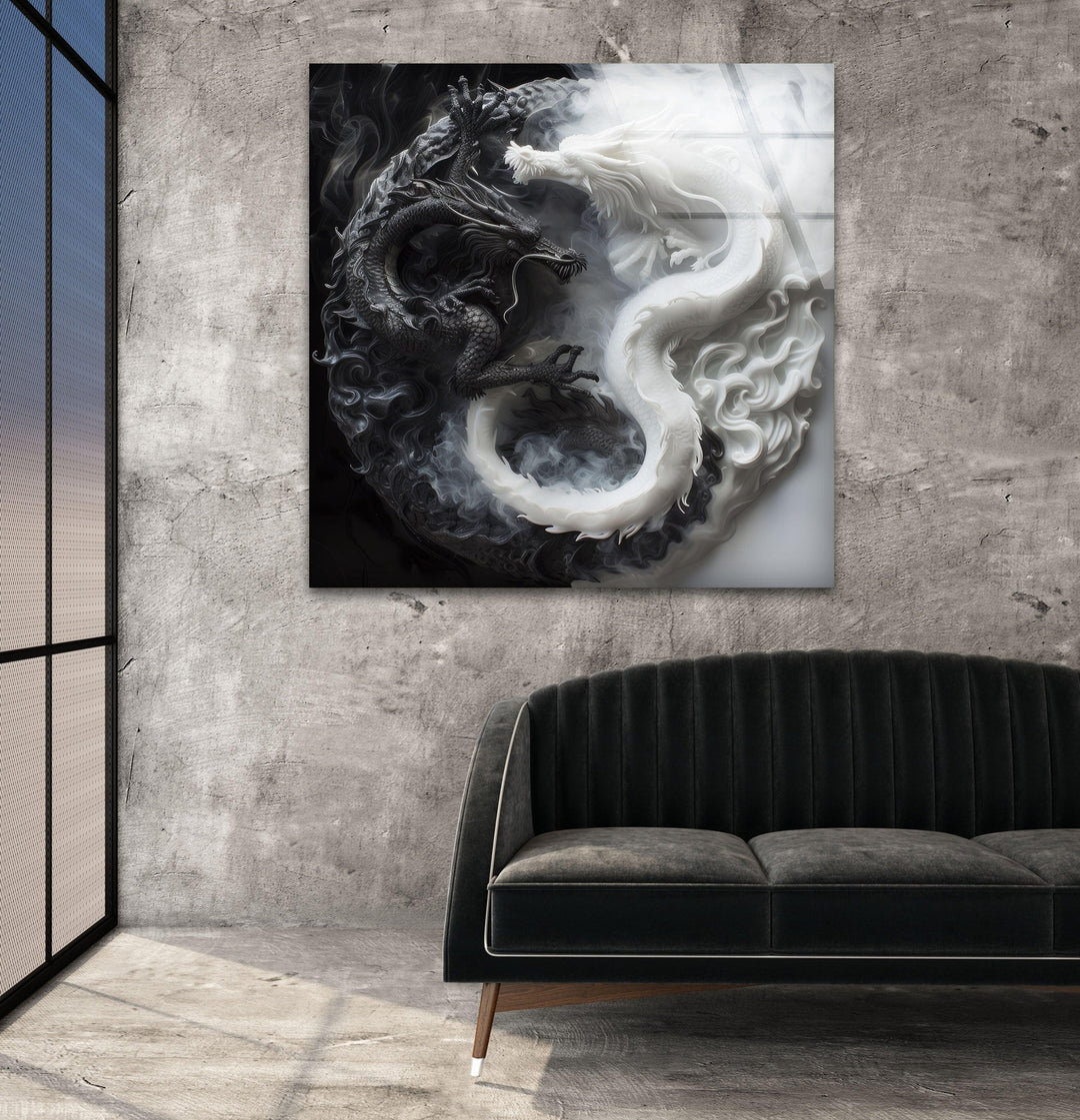 Yin-yang style dragon artwork on glass showing a powerful contrast between light and shadow.