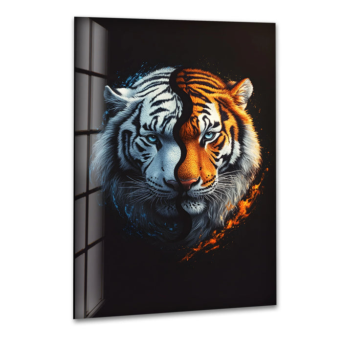 Glass wall art featuring a split tiger face with one half white and blue-toned and the other half orange and fiery.