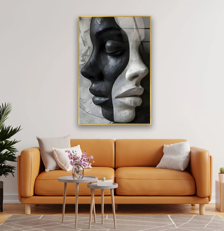Abstract female portrait in monochrome, blending soft and textured facial features on glass.