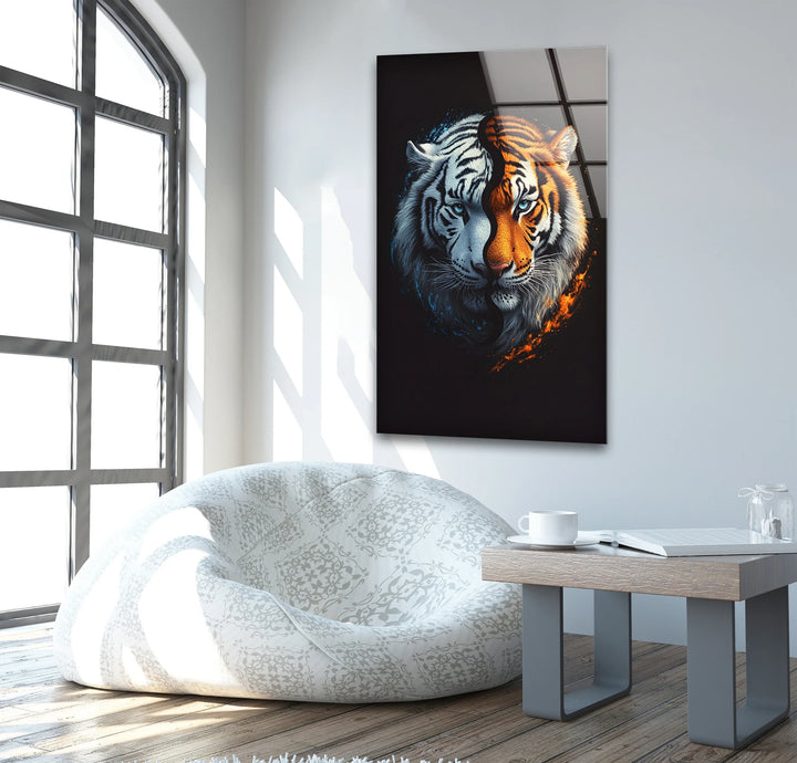 Abstract tiger illustration on glass with a central split forming cold and hot visual elements.