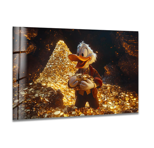 Organic forms of gold coins compose a massive, glimmering pile around a cartoon duck character, displayed as striking hanging wall art.