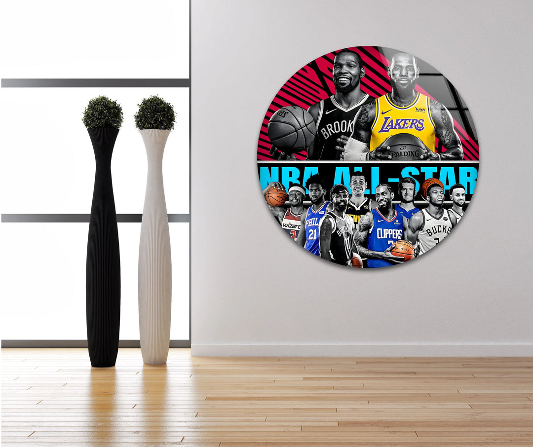 Kevin Durant and LeBron James posed with basketballs above a collage of modern NBA superstars.