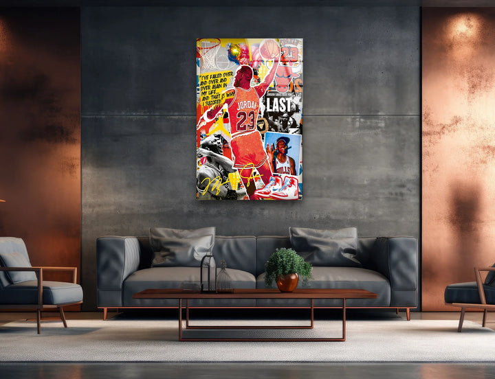 Modern pop-art hoops collage on glass celebrating a legendary athlete’s energy and style.