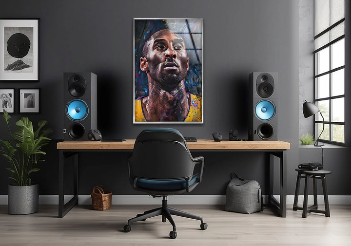 Kobe Bryant Portrait - Realistic basketball athlete illustration on glass surrounded by colorful painted strokes.
